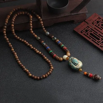 Vintage Nepal Long Beaded Necklace Charm Crystal Antique Mala Necklace