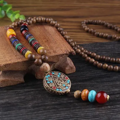 Vintage Nepal Long Beaded Necklace Charm Crystal Antique Mala Necklace