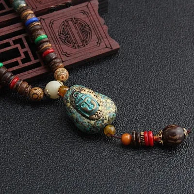 Vintage Nepal Long Beaded Necklace Charm Crystal Antique Mala Necklace