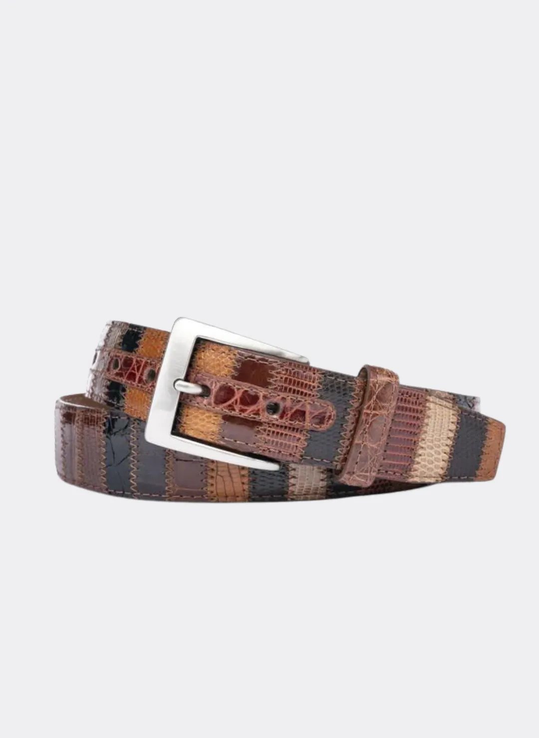 W. Kleinberg Alligator & Lizard Vertical Patchwork Belt with Nickel Buckle