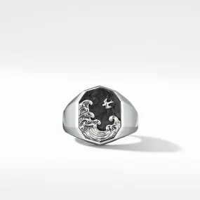 Waves Signet Ring with Forged Carbon