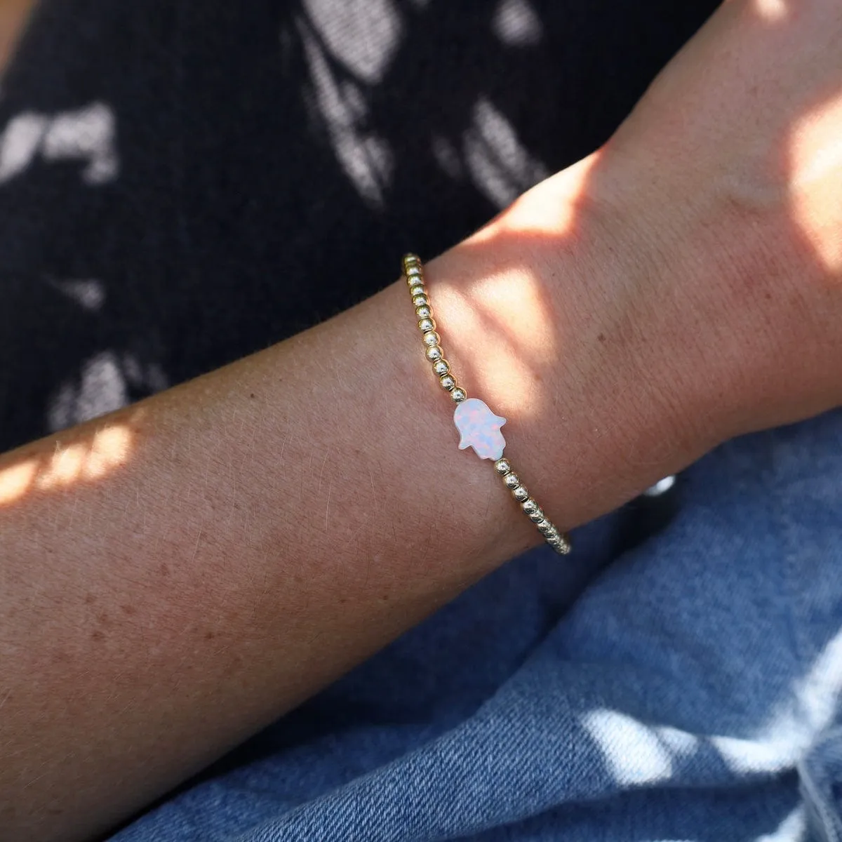 White Opal Hamsa Gold Filled Ball Bracelet