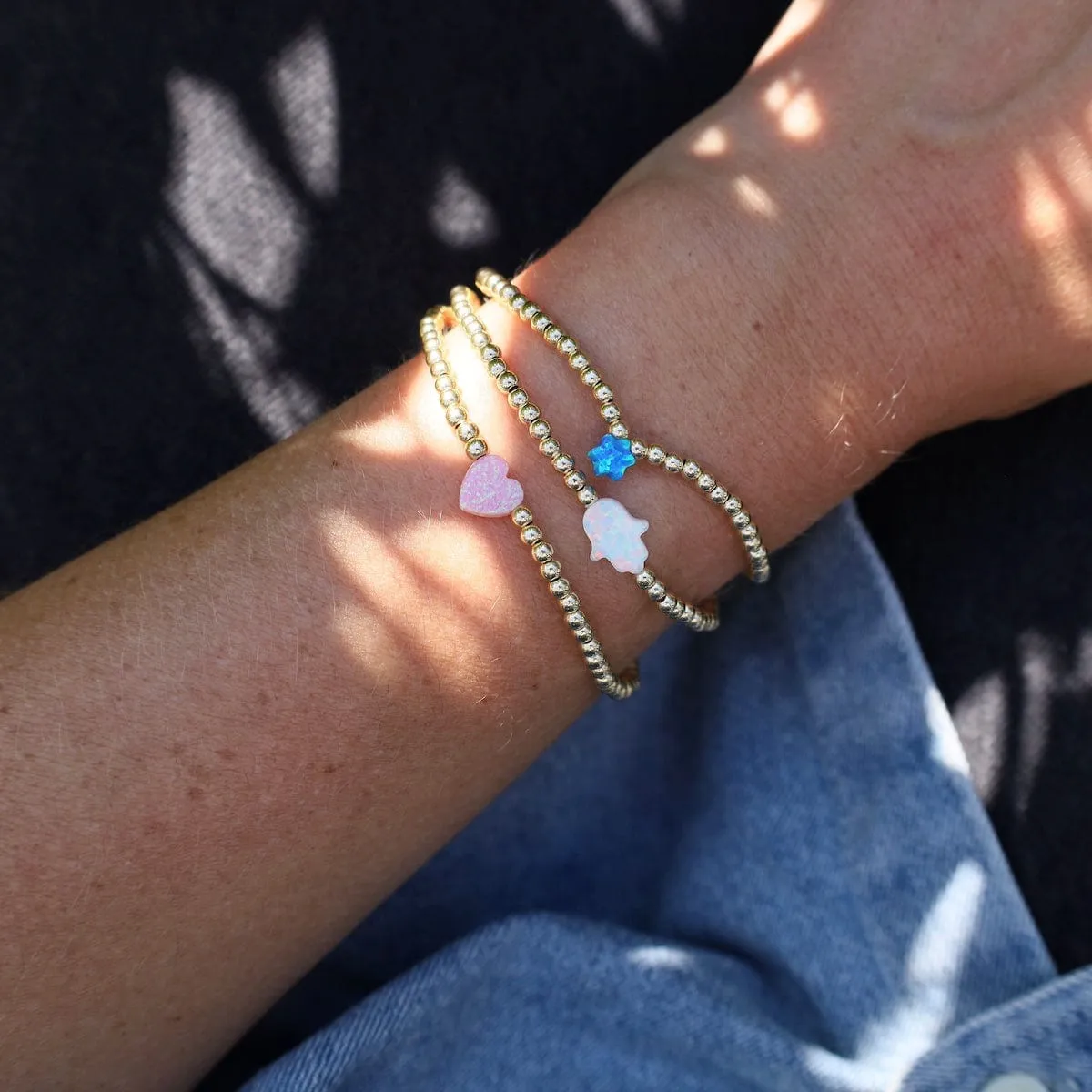 White Opal Hamsa Gold Filled Ball Bracelet