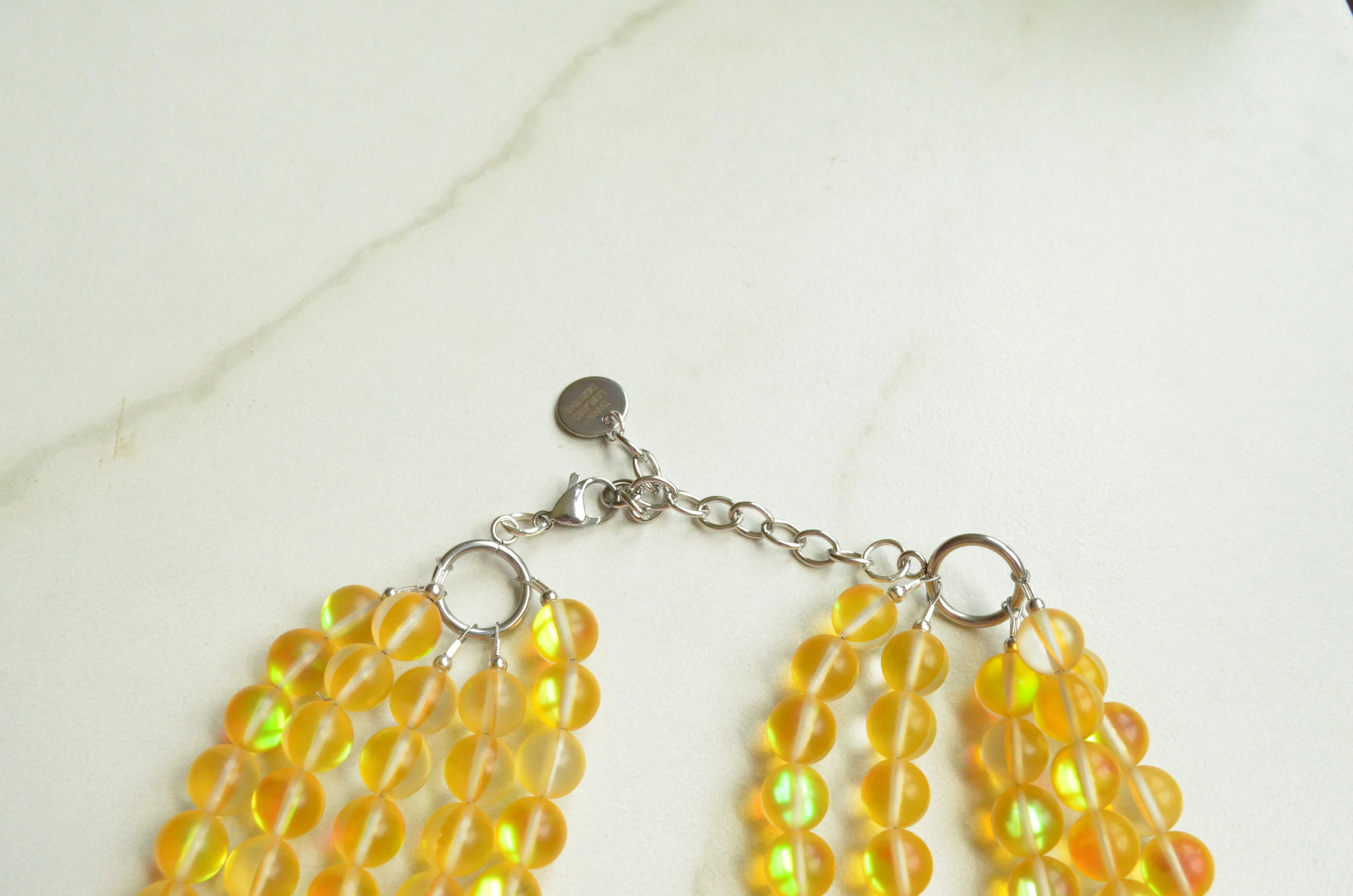 Yellow Iridescent Stone Beaded Chunky Multi Strand Statement Necklace - Alana