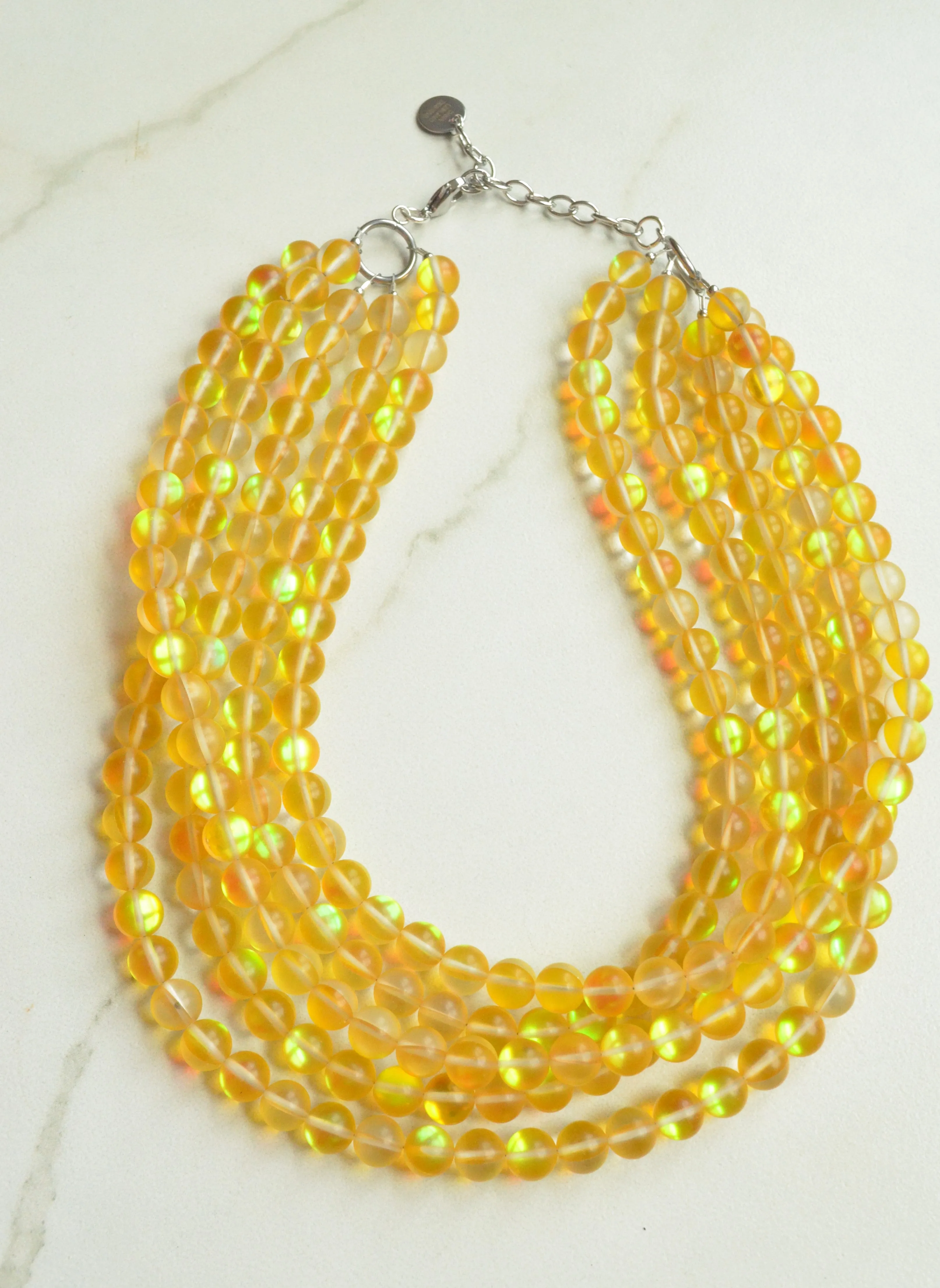 Yellow Iridescent Stone Beaded Chunky Multi Strand Statement Necklace - Alana