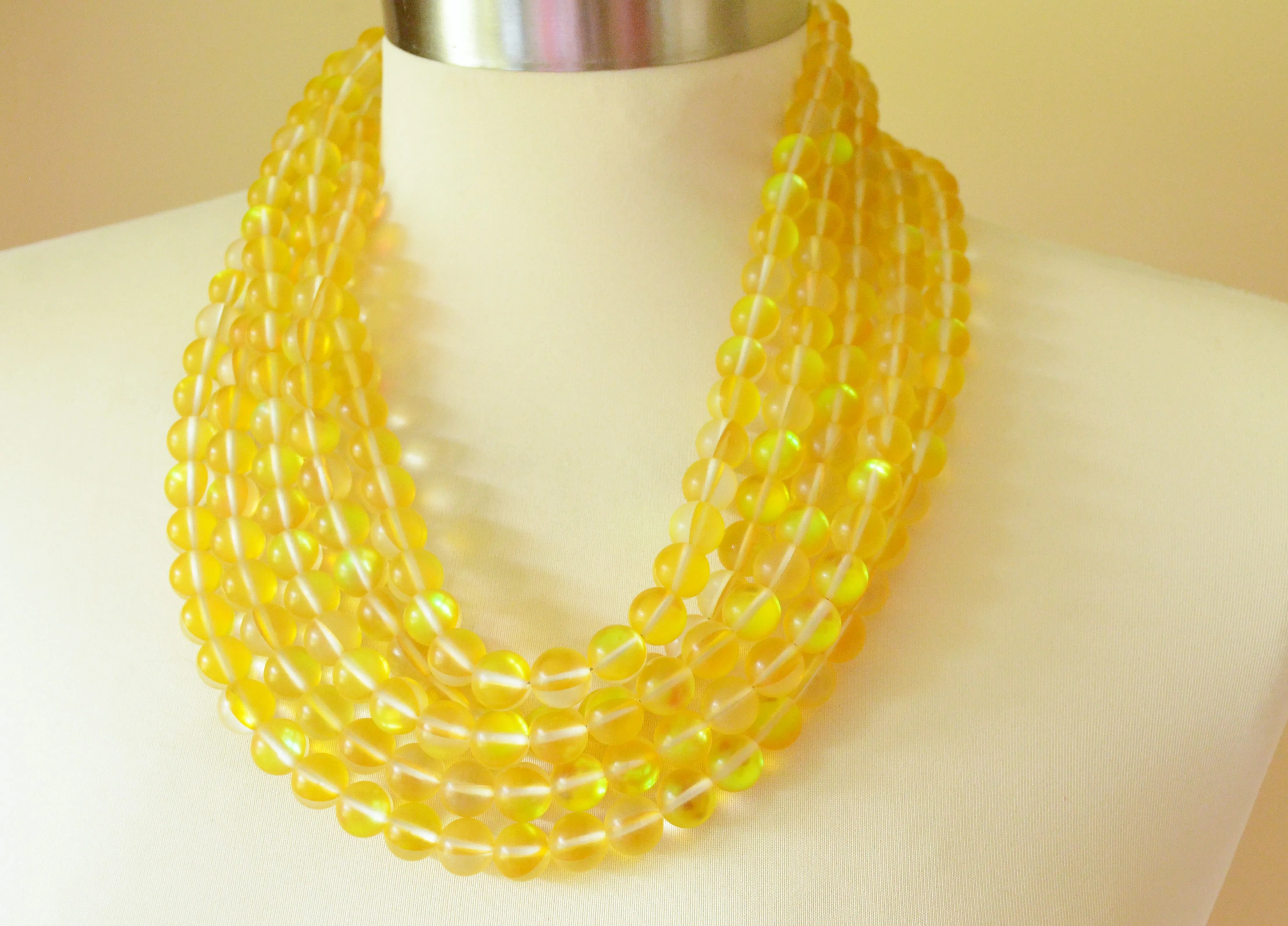 Yellow Iridescent Stone Beaded Chunky Multi Strand Statement Necklace - Alana