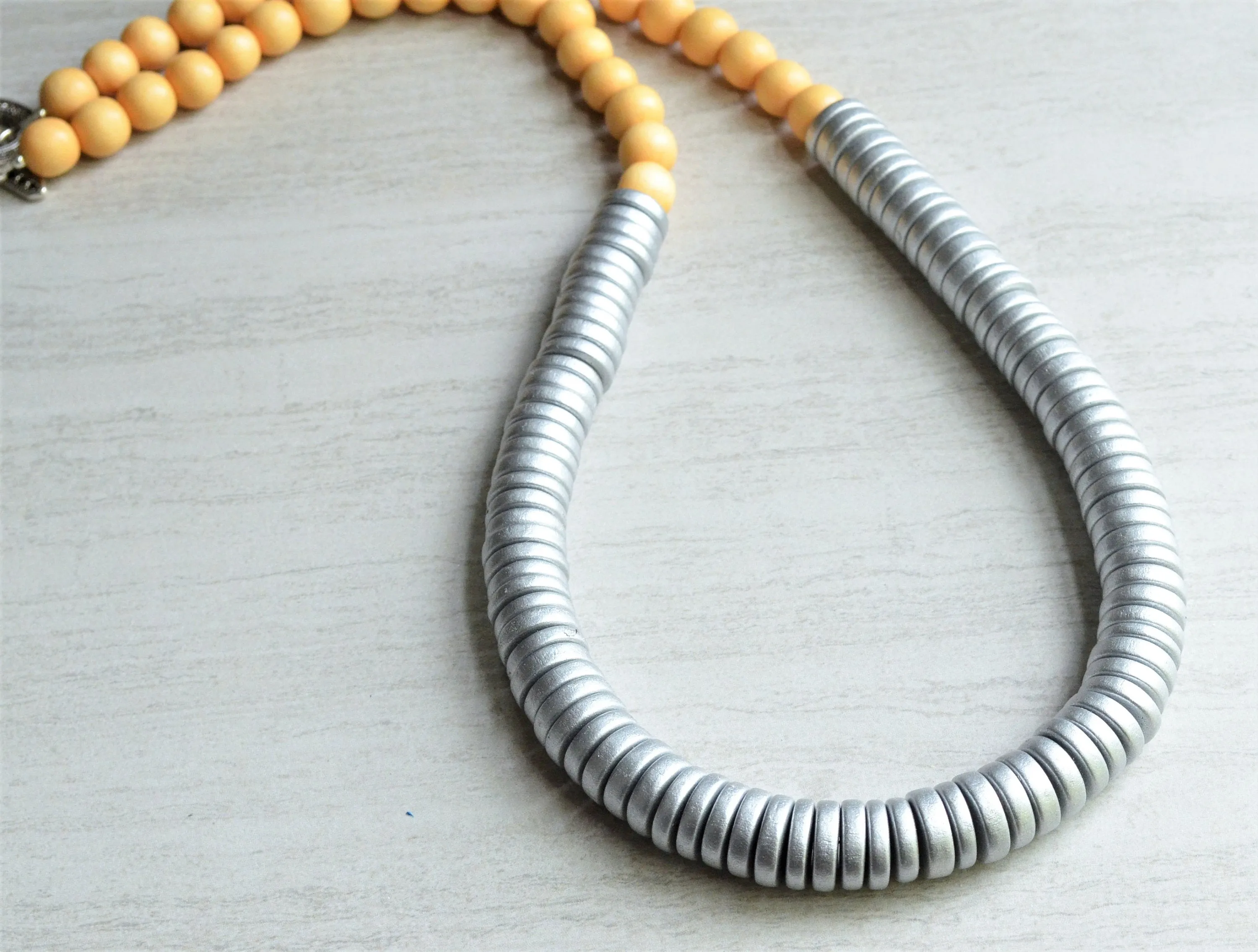 Yellow Silver Beaded Long Wood Statement Necklace - Elena