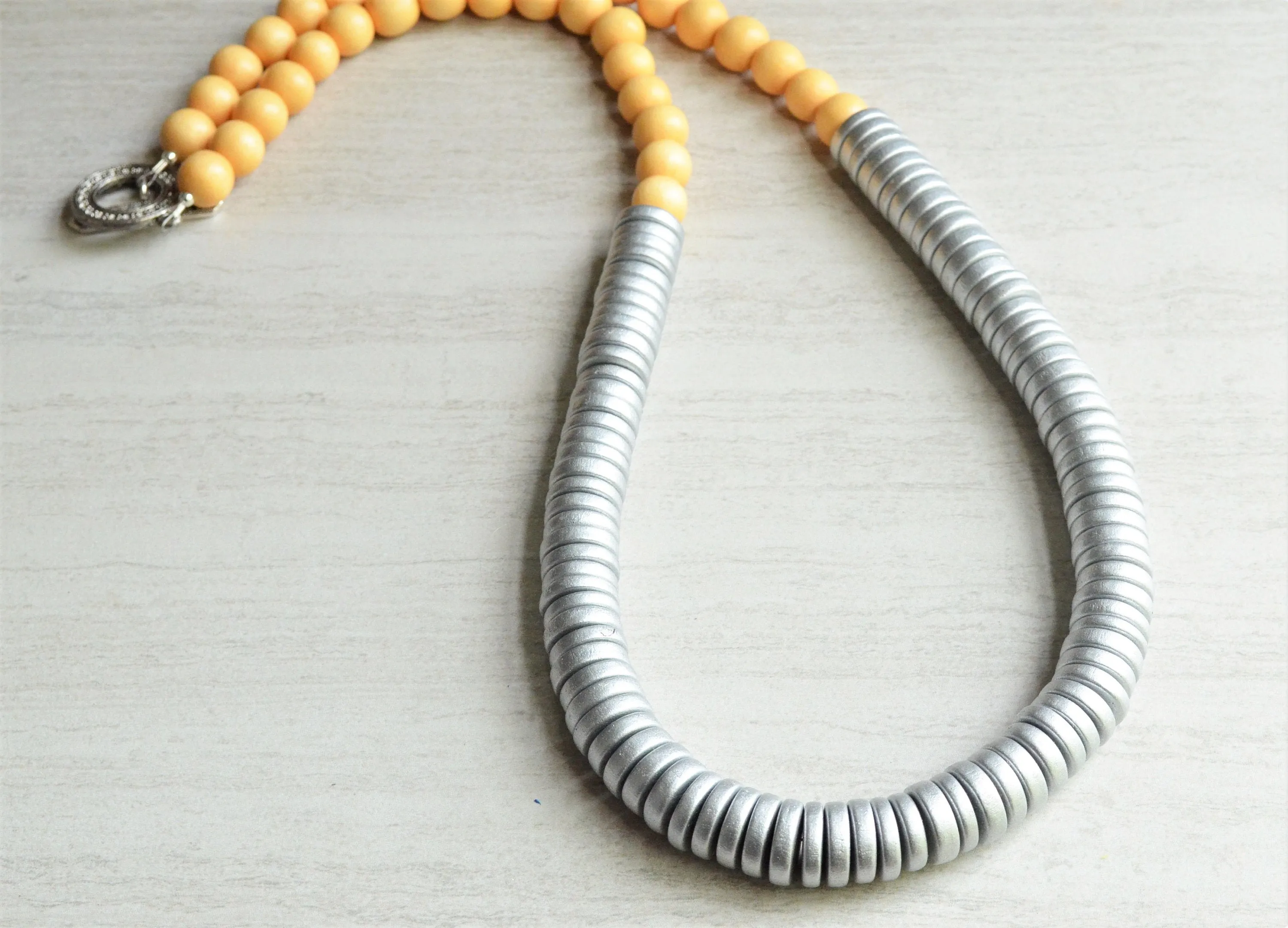 Yellow Silver Beaded Long Wood Statement Necklace - Elena