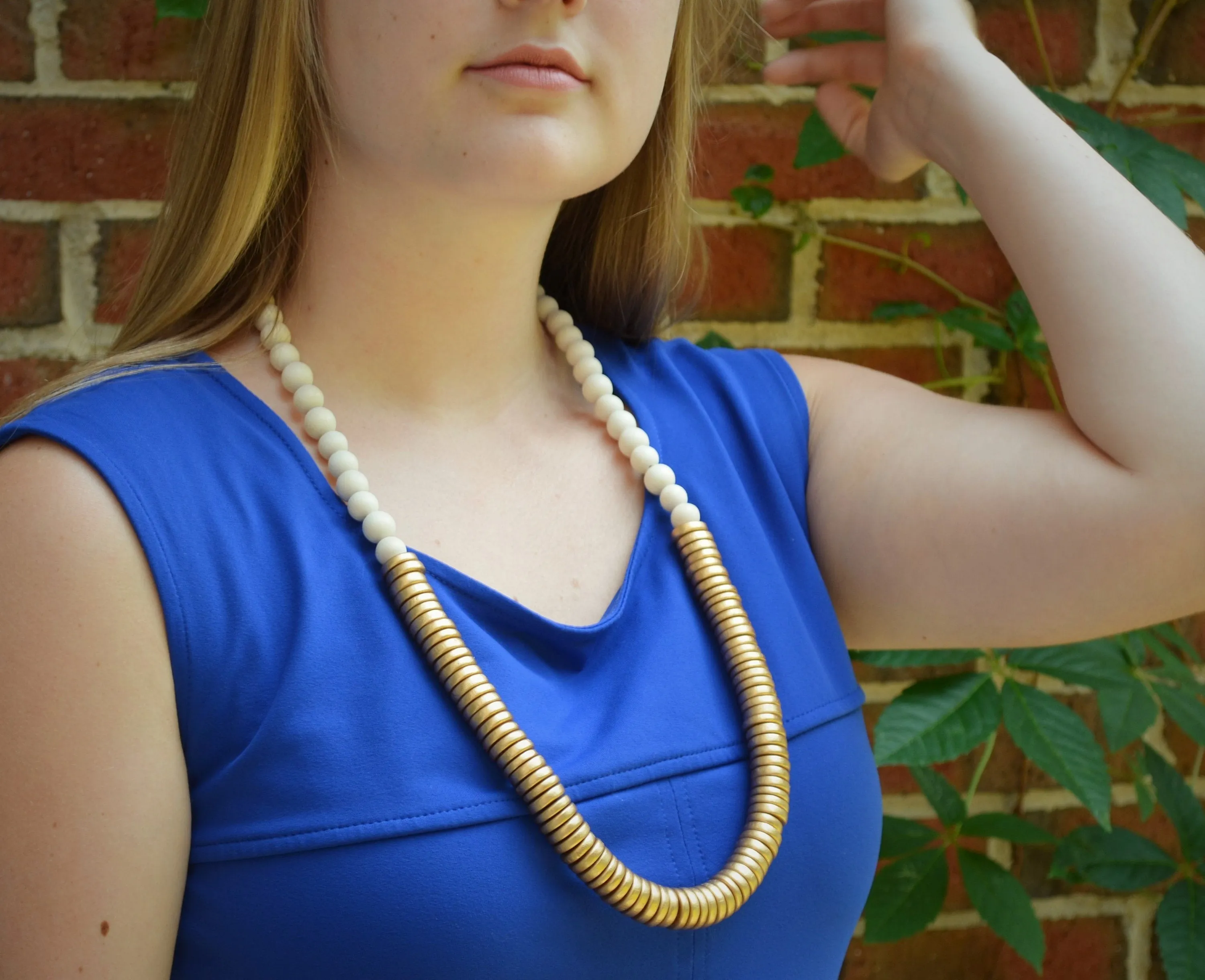 Yellow Silver Beaded Long Wood Statement Necklace - Elena