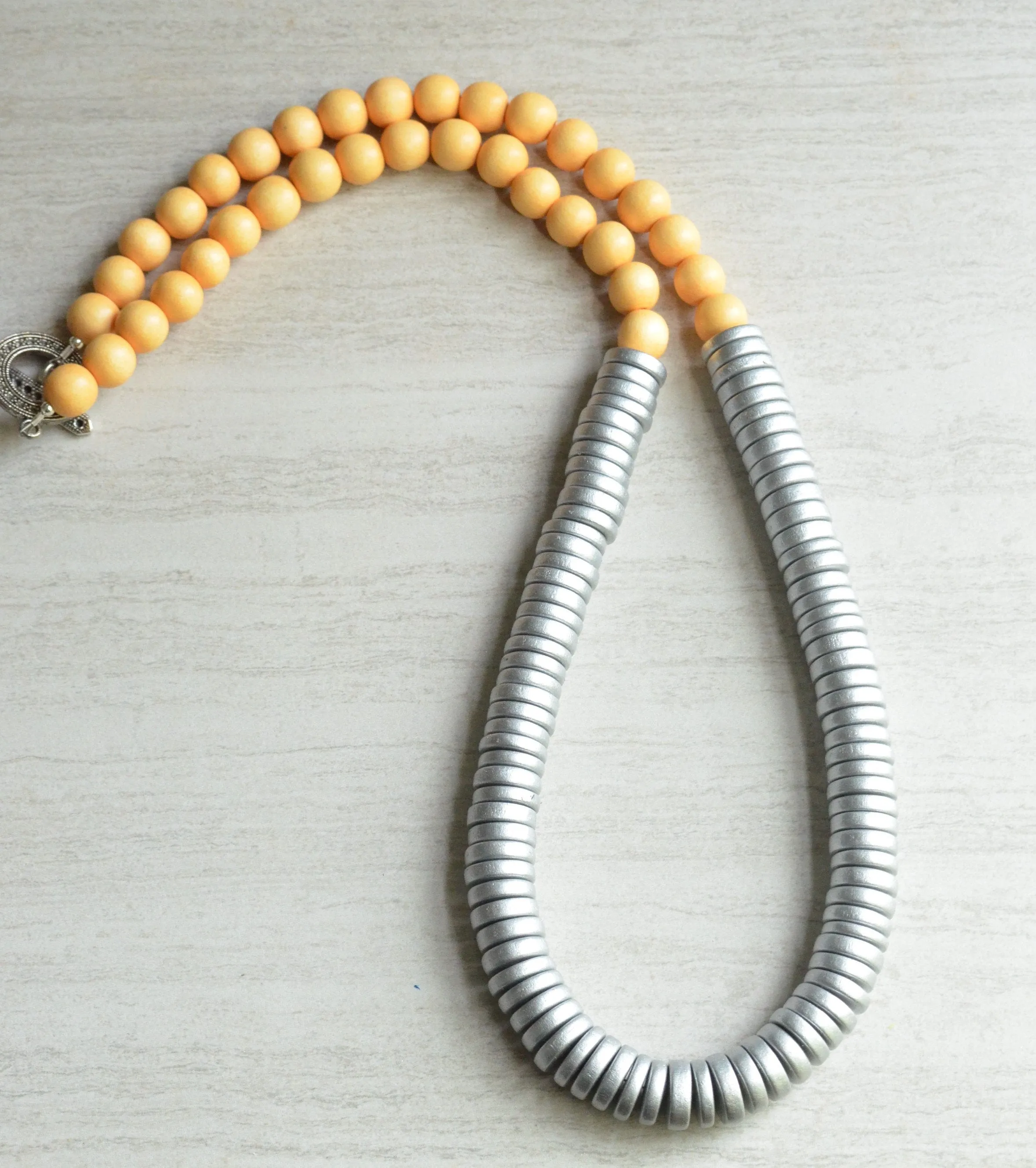 Yellow Silver Beaded Long Wood Statement Necklace - Elena