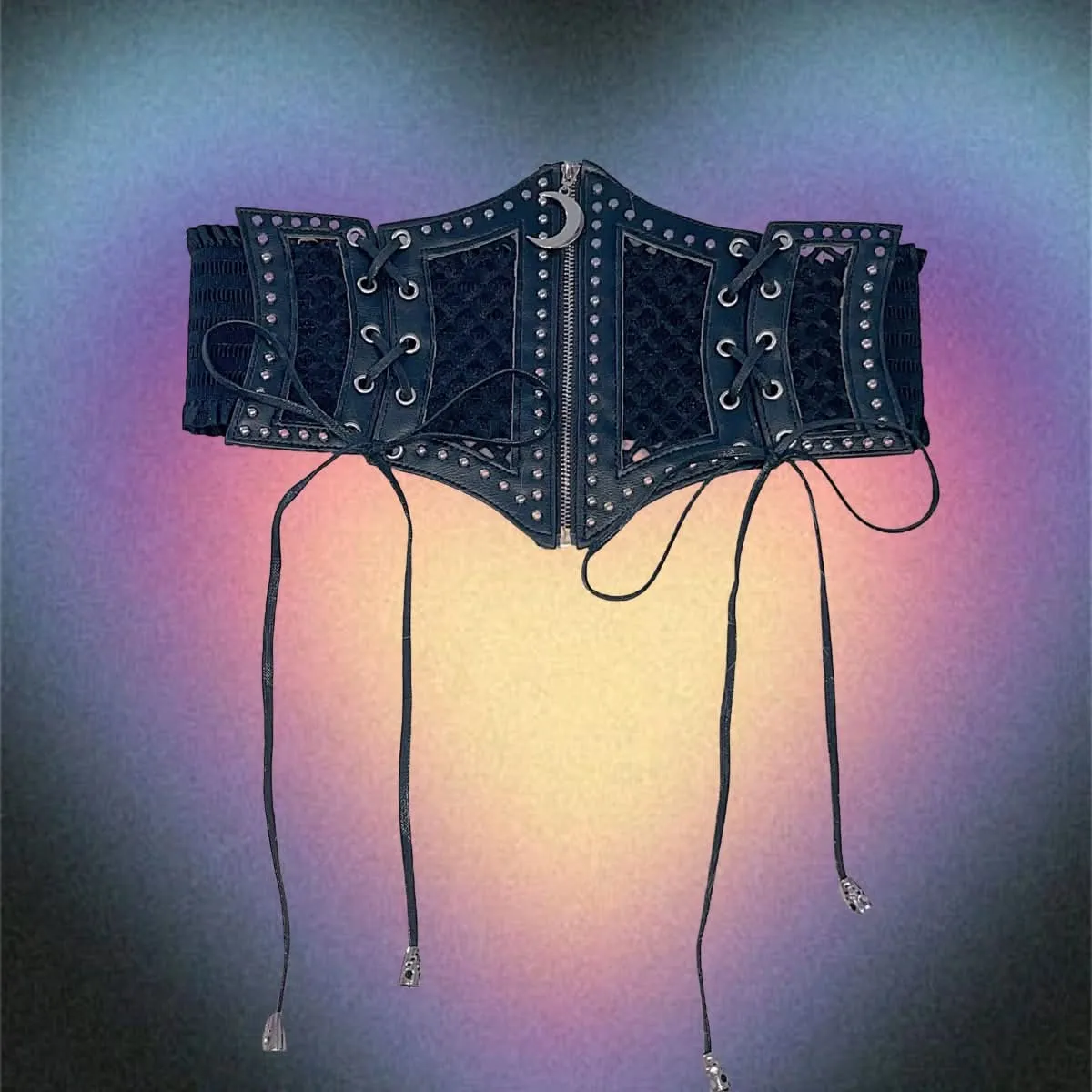 Zip-up hollow out self tie moon applique belt